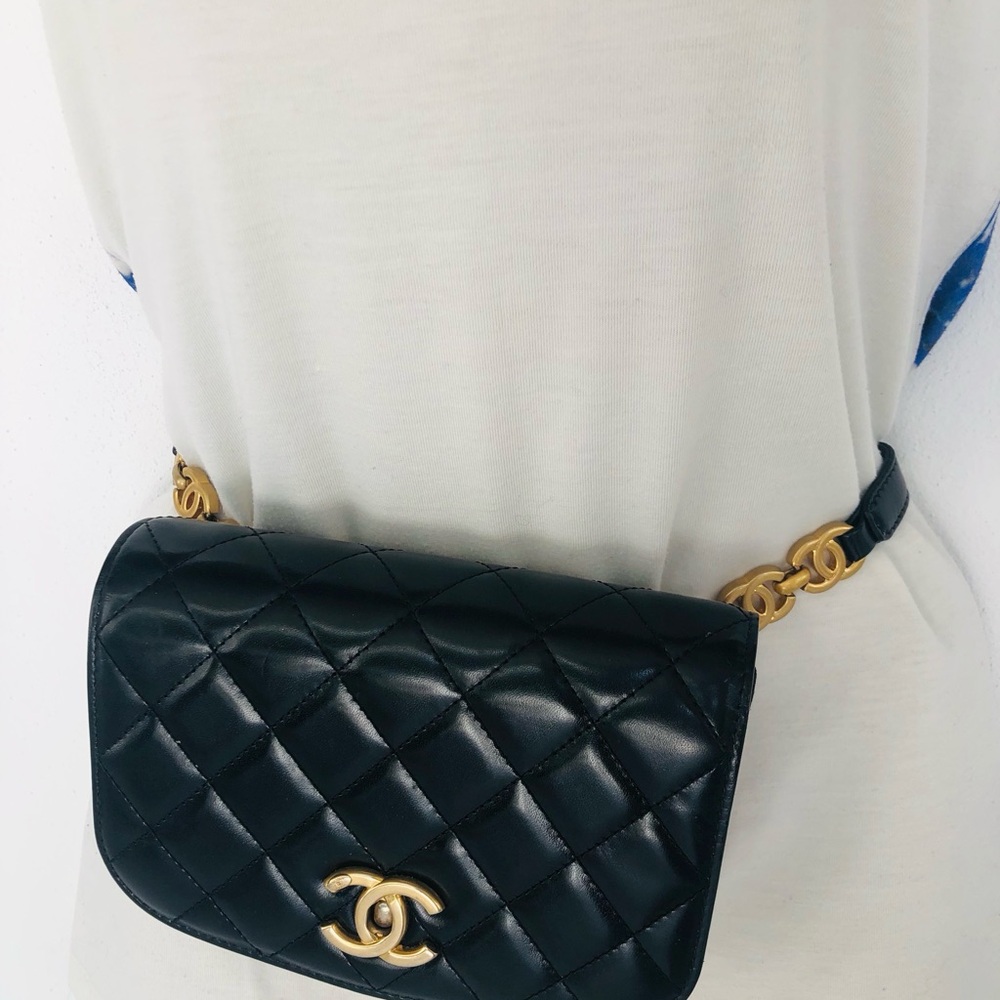 CHANEL Black Quilted Lambskin/ Suede Mini Belt Bag with Gold CC Hardware